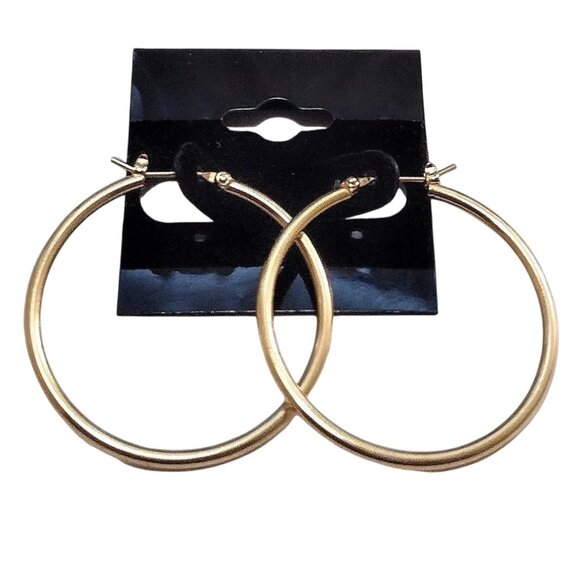 1 3/8 Inch 35mm Tube Hoop Pierced Post Earrings Gold Tone - Picture 3 of 5